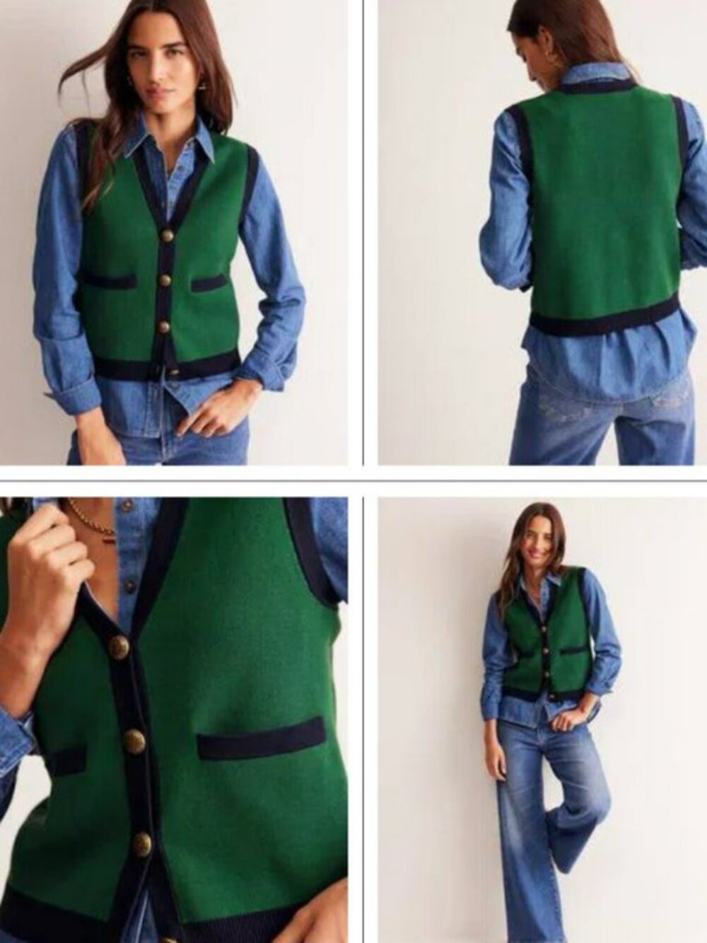 Boden Green Cotton Vest with Navy Trim and Gold Buttons Size Large Academia Prep